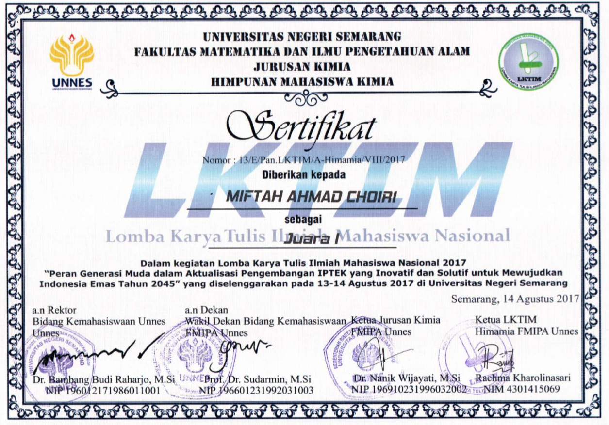 1st Winner of National Research Paper Competition at Unnes 2017 - issued by UNNES (Semarang National University)