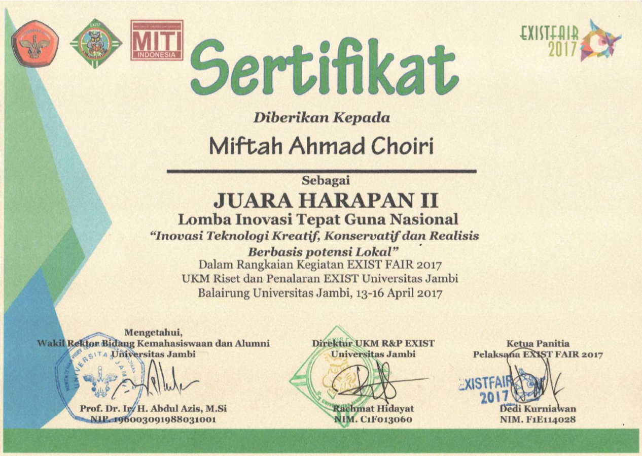 Second Runner-up of Consolation Prize on National Practical Innovation Competition EXIST Fair 2017 - issued by Jambi University