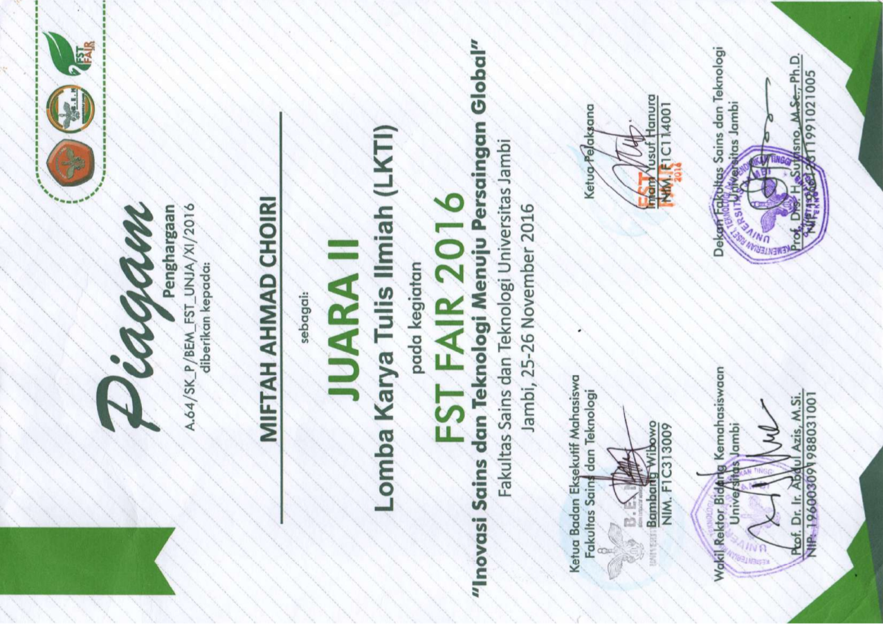 2nd Winner of National Research Paper Competition at FST Fair 2016 - issued by Jambi University