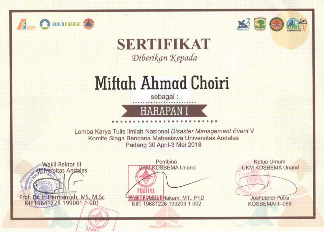First Consolation Prize Winner on National Disaster Management Event Research Paper Competition 2018 - issued by Andalas University