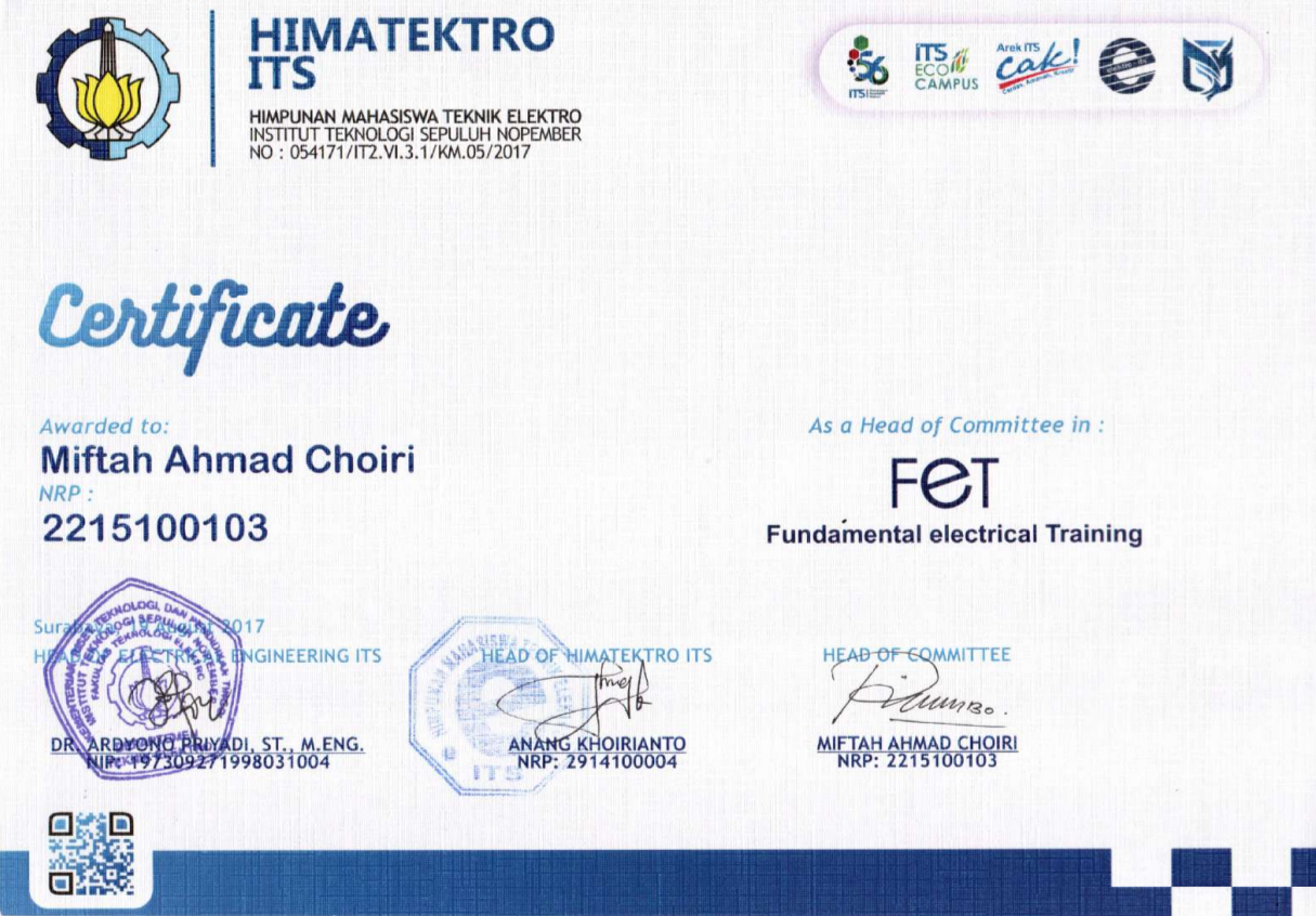 Head of Commitee in Fundamental Electrical Training HIMATEKTRO ITS - issued by Sepuluh Nopember Institute of Technology