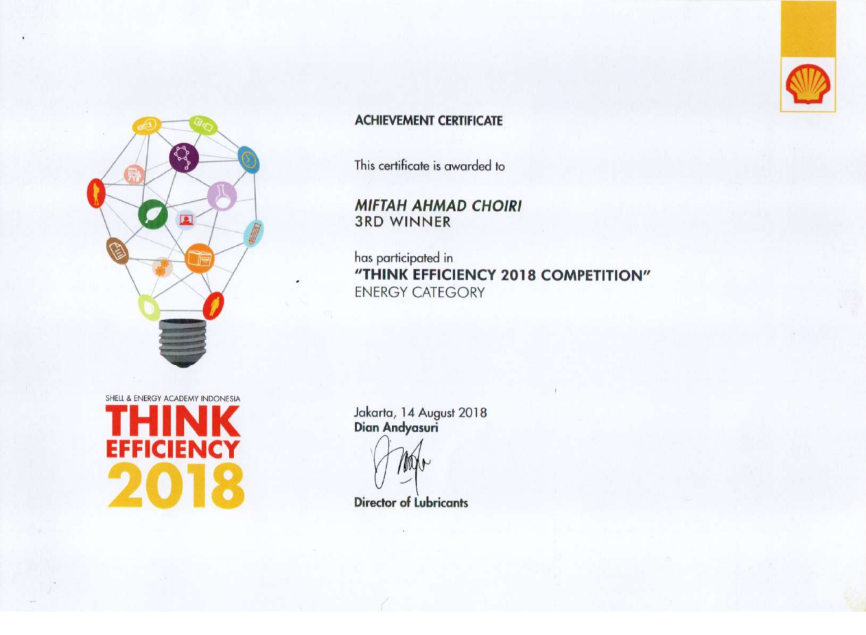 3rd Winner of Think Efficiency 2018 Competition Energy Category - issued by Shell Company