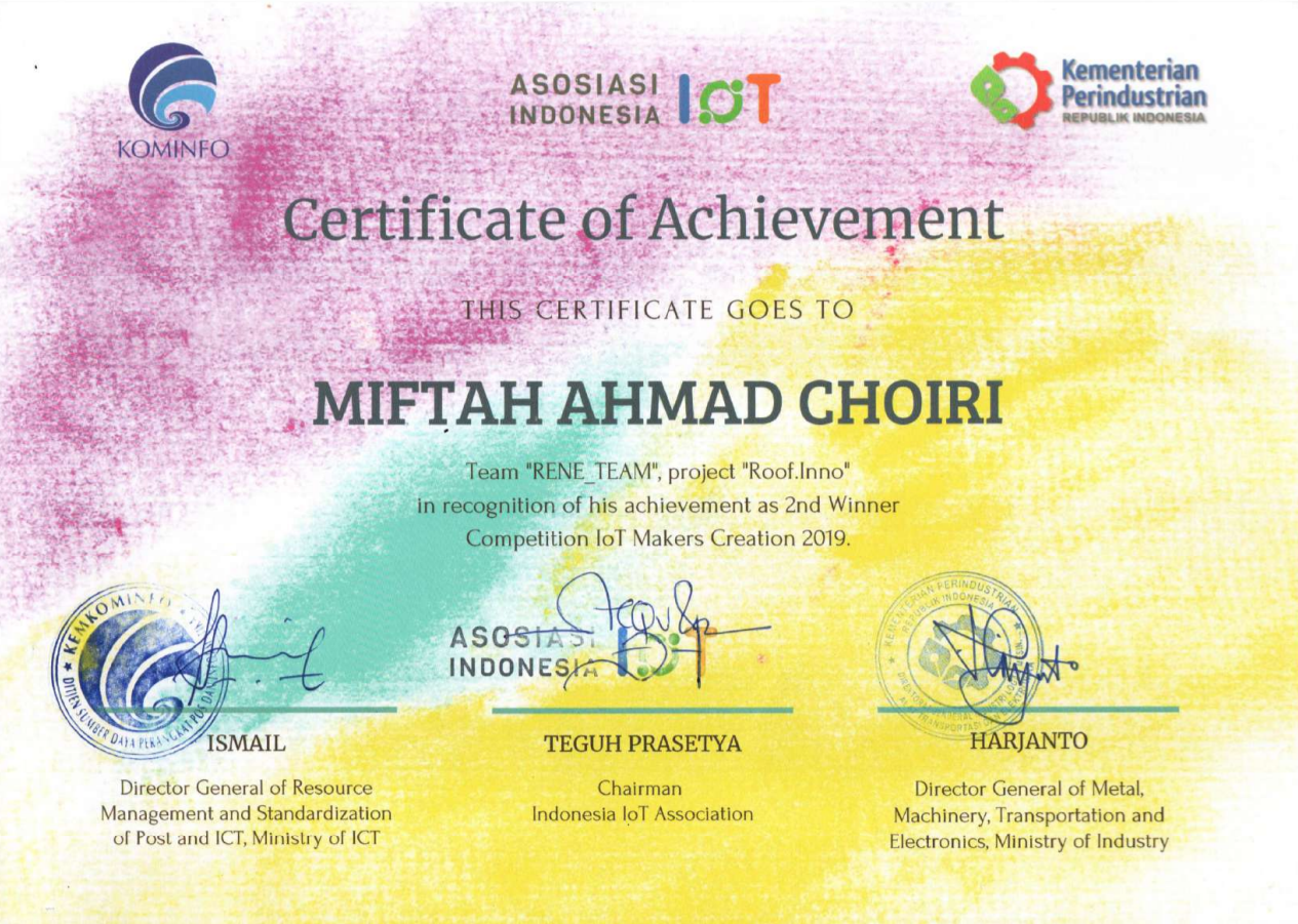 2nd Winner Competition IoT Makers Creation 2019 - issued by Indonesia IoT Association, Ministry of Industrial and Ministry of Communication