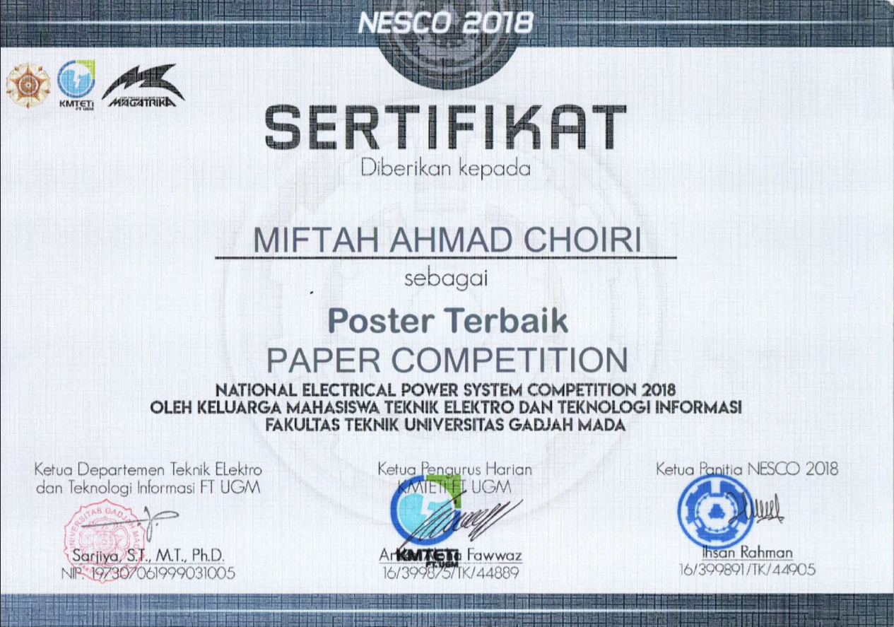 Best Poster of National Electrical Power System Competition 2018 at Gajah Mada University - issued by Gajah Mada University