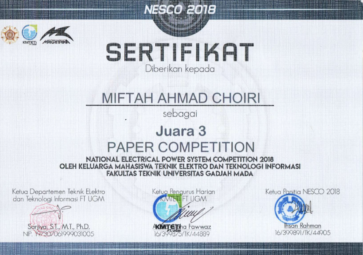 3rd Winner of National Electrical Power System Competition 2018 at Gajah Mada University - issued by Gajah Mada University