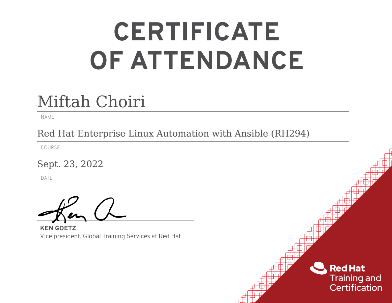 Redhat Enterprise Linux Automation with Ansible (RH294) - issued by Red Hat