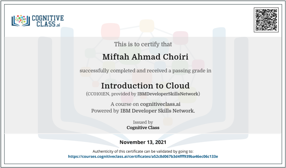 Introduction to Cloud - issued by Cognitive Class