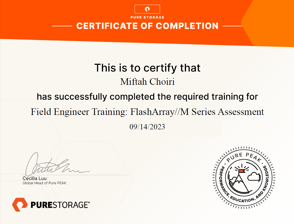 Field Engineer Training: FlashArray//M Series Assessment - issued by Pure Storage