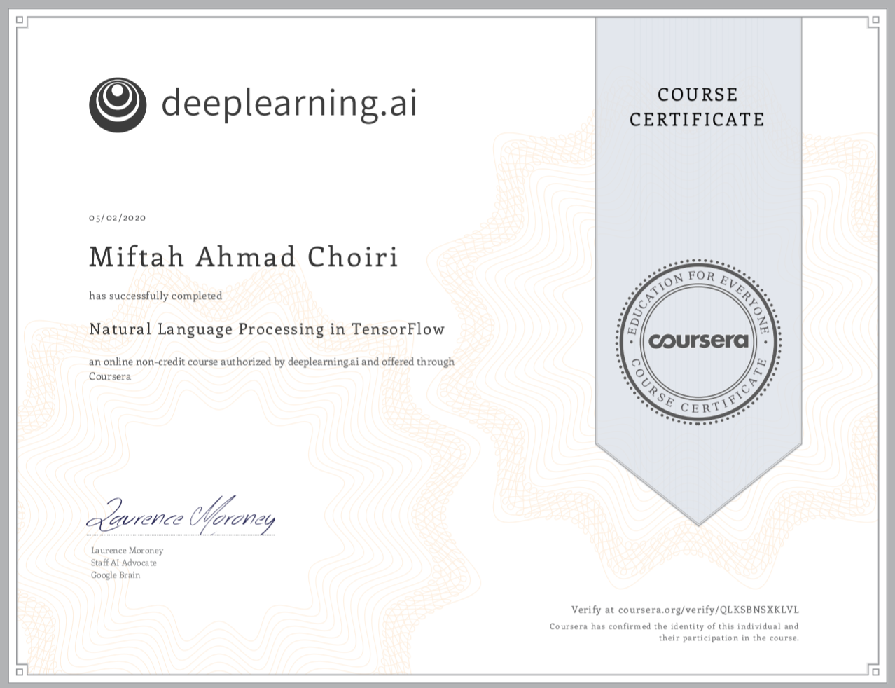 Natural Language Processing in TensorFlow - issued by Coursera