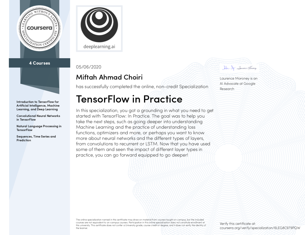 TensorFlow in Practice - issued by Coursera